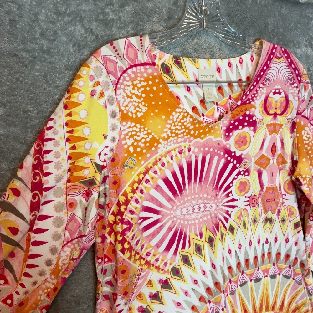 Chico's Women Colorful Geometric Printed Top 1-M Coastal Grandma Grandmillennial